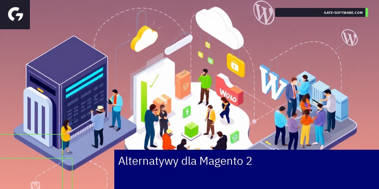 Porównanie Magento 2, Shopify i WooCommerce Logotypy Magento 2, Shopify i WooCommerce obok siebie