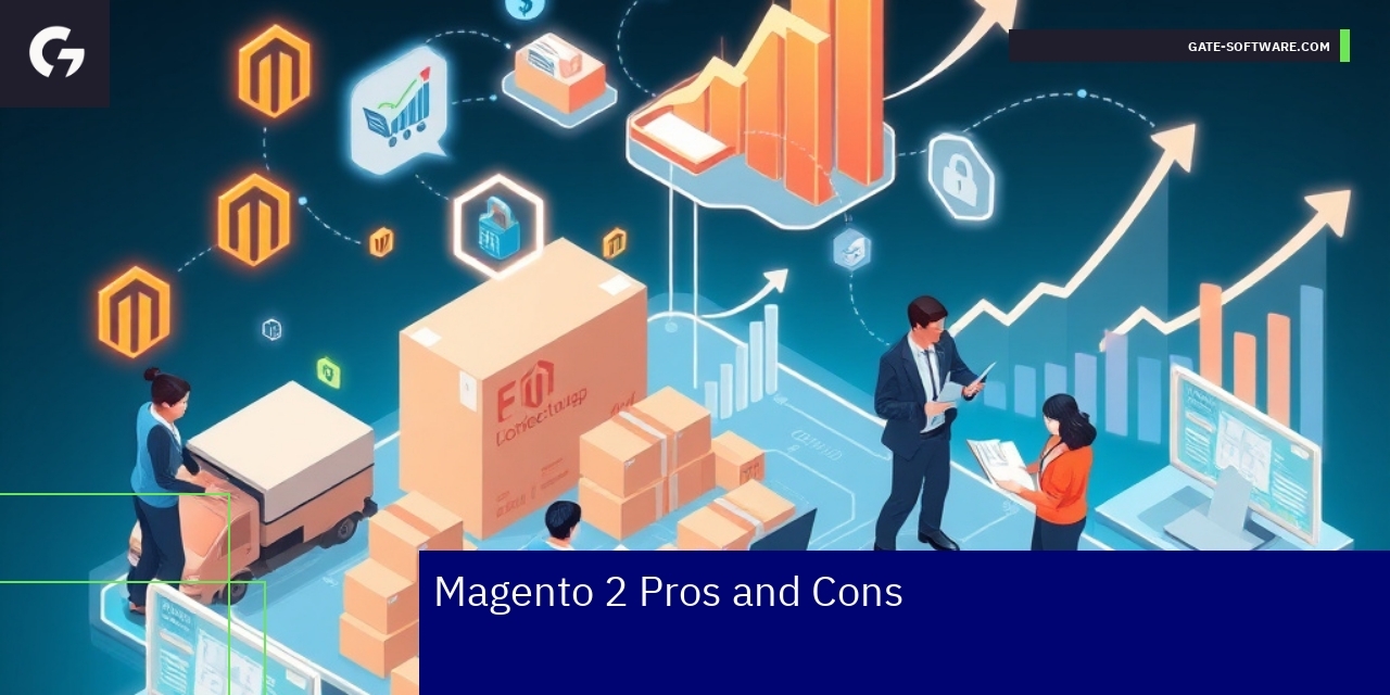 Magento 2 Implementation Pros and Cons Overview Magento 2 advantages and risks infographic