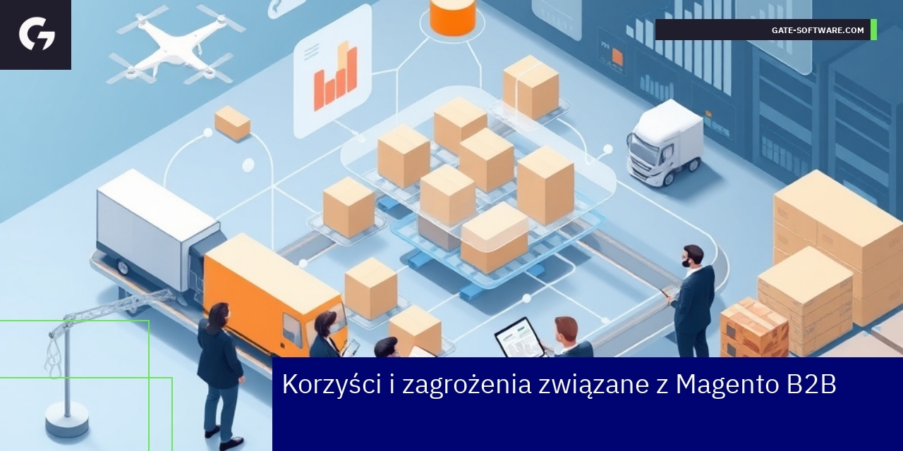Korzyści i zagrożenia Magento B2B platformy Schemat przedstawiający korzyści i zagrożenia Magento B2B