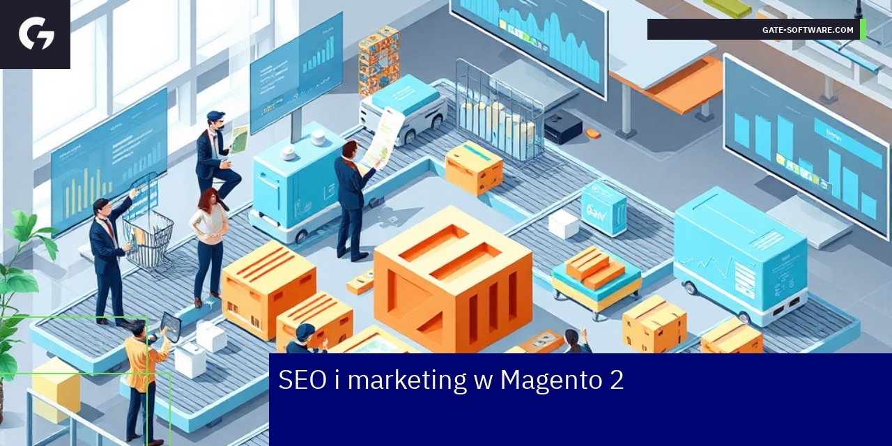 Grafika ilustrująca SEO i marketing Magento 2