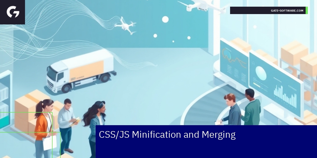 CSS and JS Minification for Magento Performance Icons of code, gears and optimized media on screen