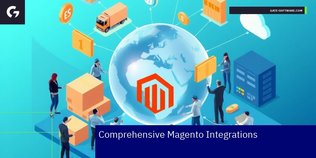 Magento Integration for B2B Business Solutions Magento logo with integration and business icons