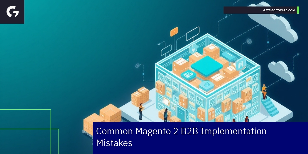 Magento 2 B2B Implementation Challenges and Solutions Diagram illustrating Magento 2 B2B pitfalls and fixes