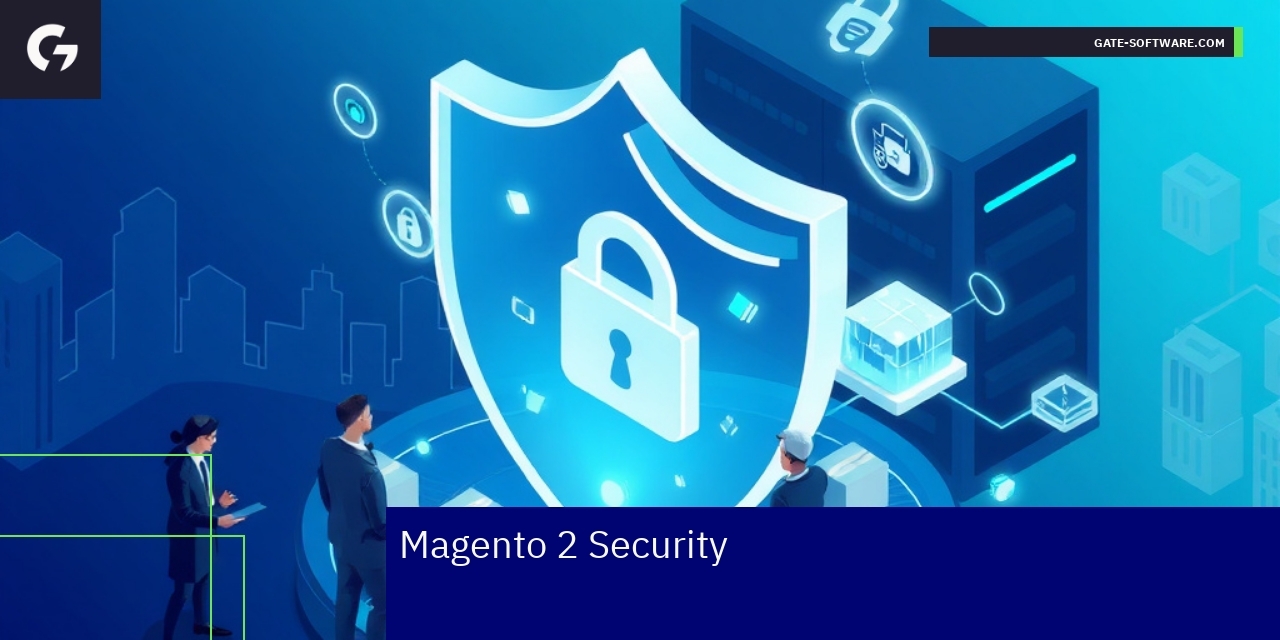 Shield and digital security icons with Magento logo