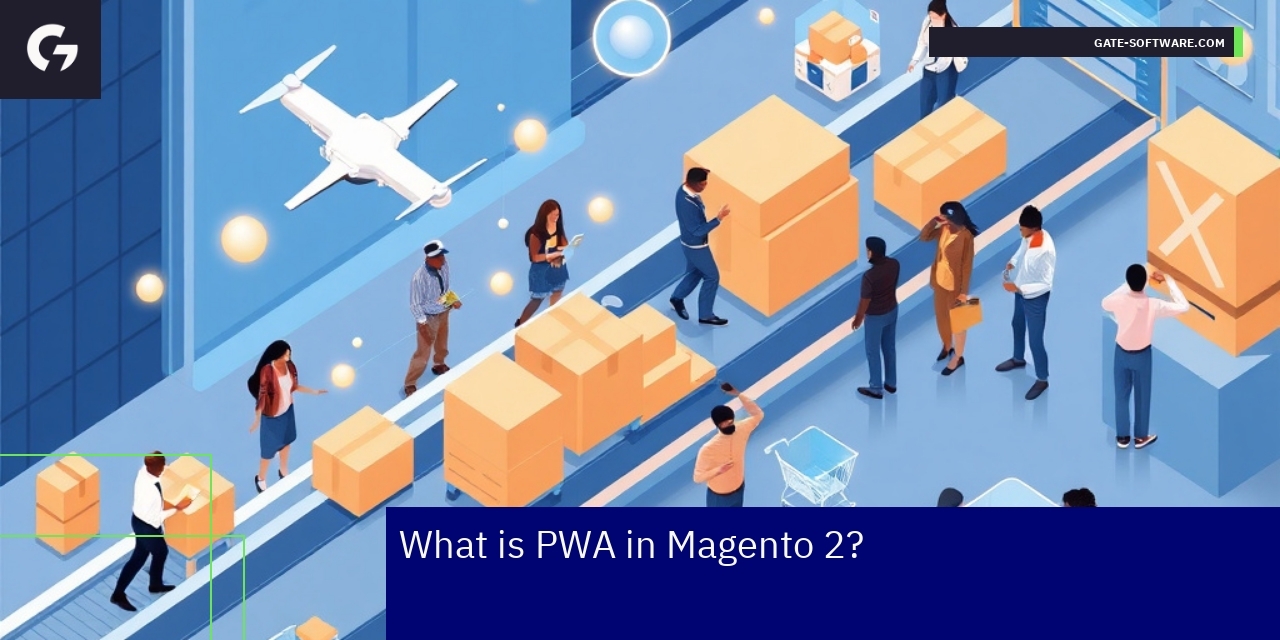 Magento 2 PWA Benefits and Features Magento 2 PWA app icons and web technology symbols