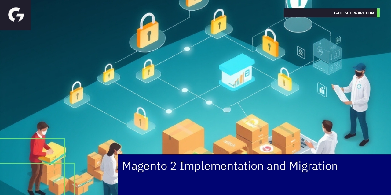Infographic showing Magento 2 implementation steps and benefits