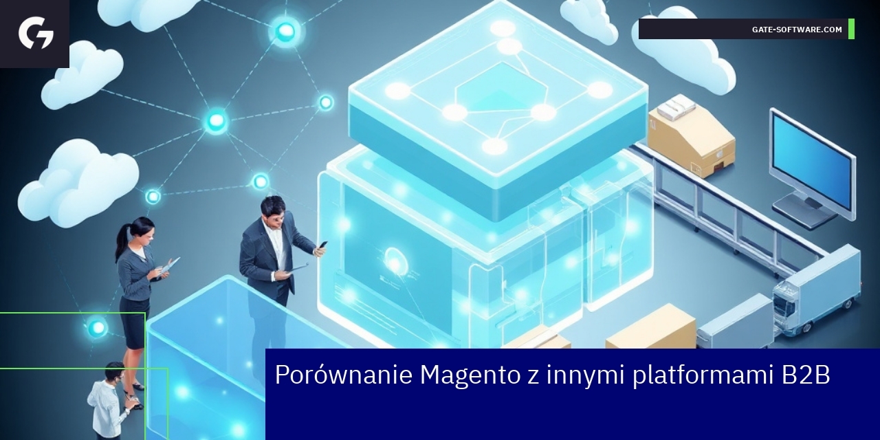 Logotypy Magento, Shopify i WooCommerce na tle wykresu