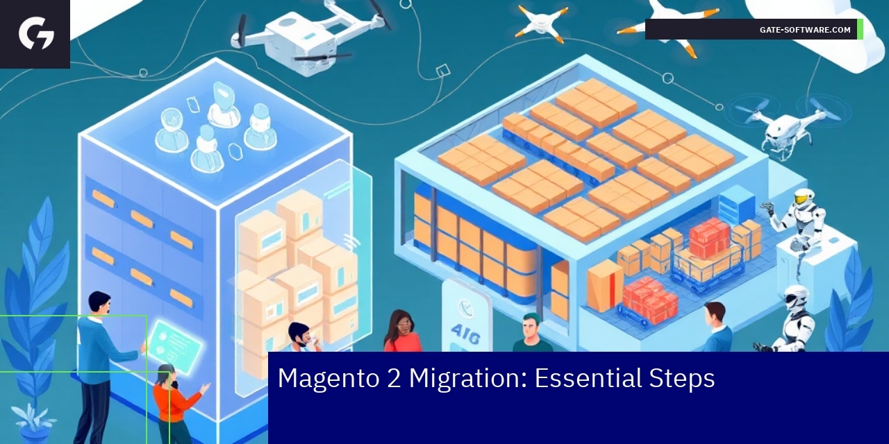 Diagram showing Magento 2 migration stages and technologies