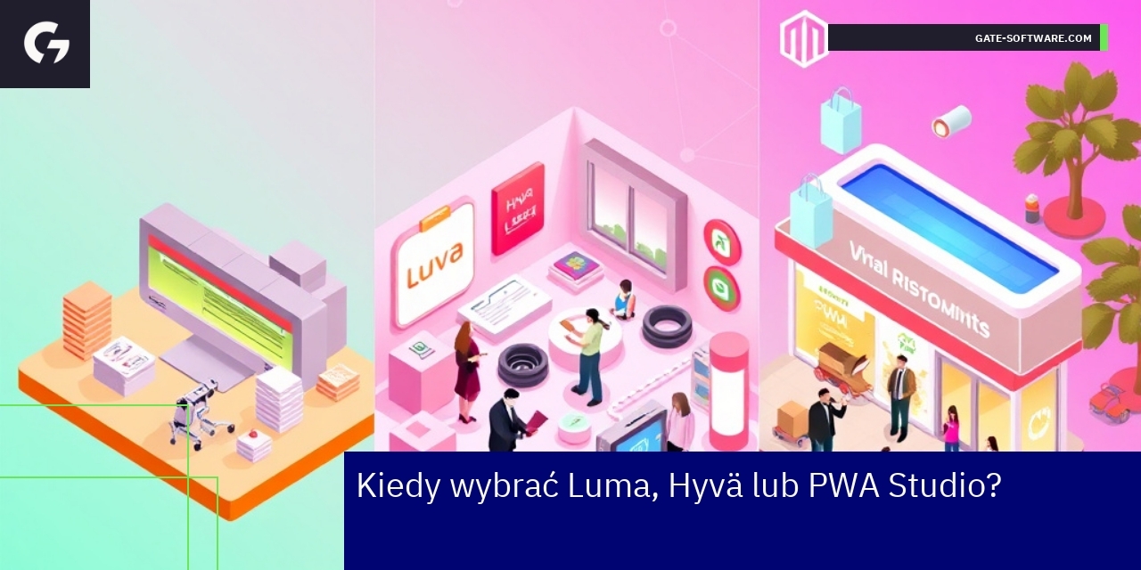 Logotypy Luma, Hyvä i PWA Studio na tle diagramu
