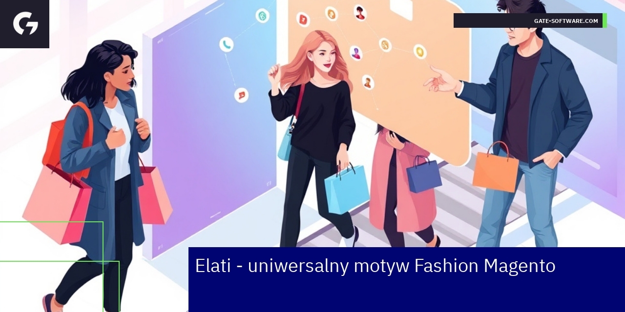 Interfejs motywu Elati na urządzeniu mobilnym i social media