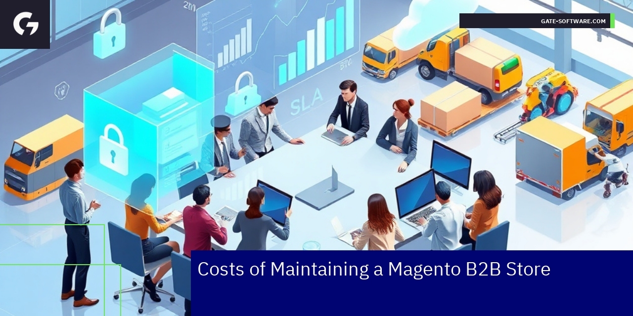 Magento B2B Store Maintenance Cost Breakdown Illustration of Magento B2B cost categories and metrics