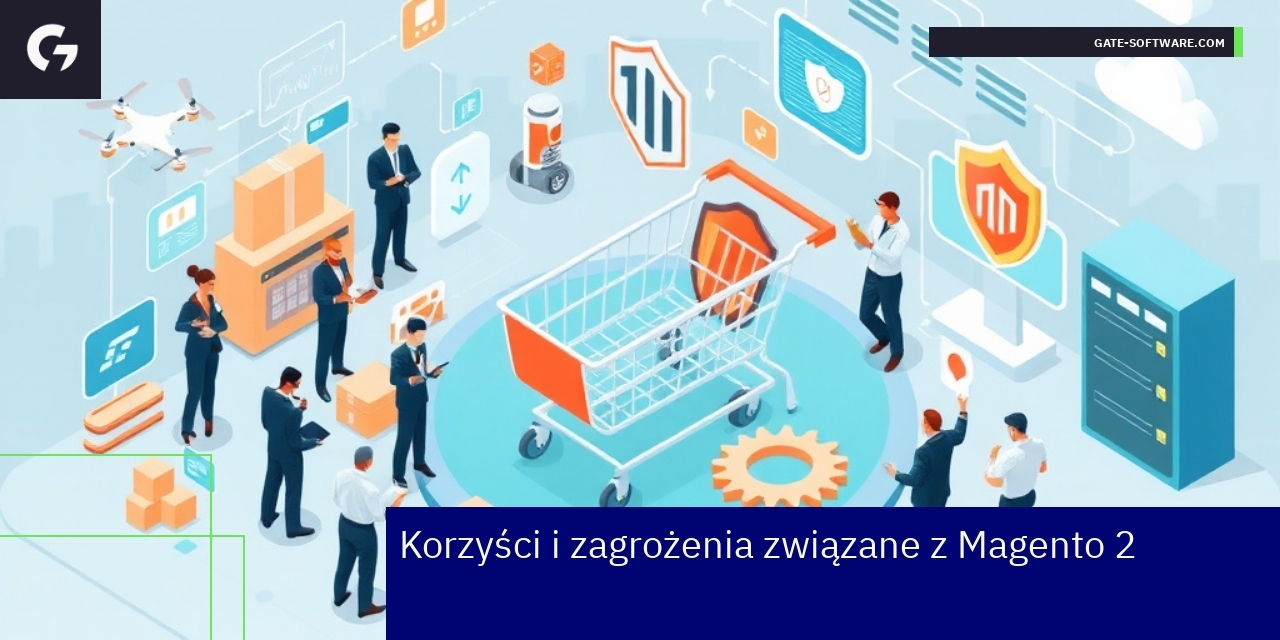 Schemat prezentujący zalety i zagrożenia Magento 2