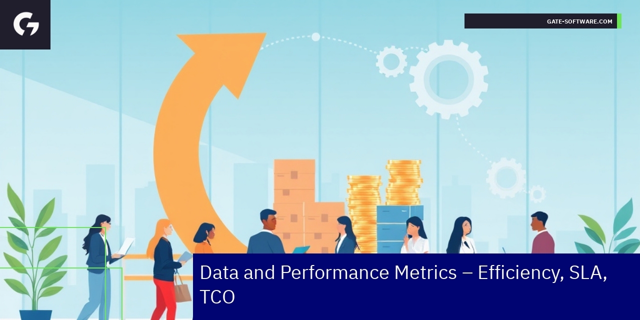 Gate-Software Magento Migration Performance Metrics Graphs and icons showing project, delivery, and cost metrics