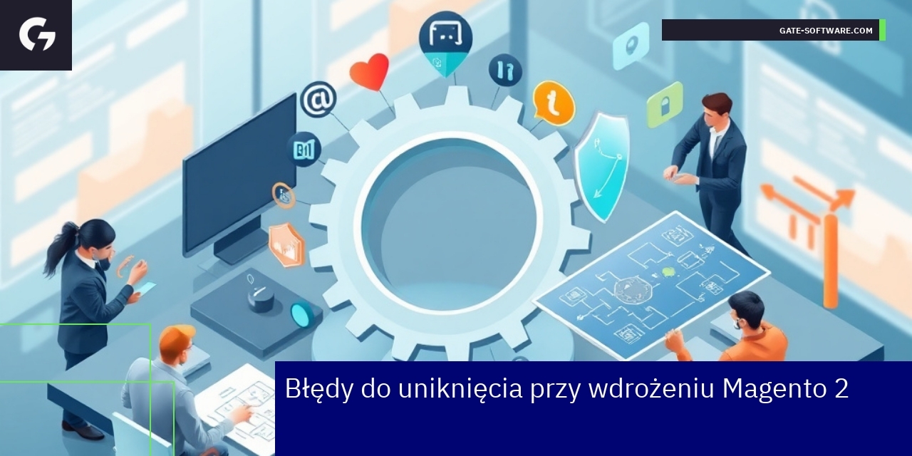 Schemat wdrożenia Magento 2 z ikonami błędów i rozwiązań