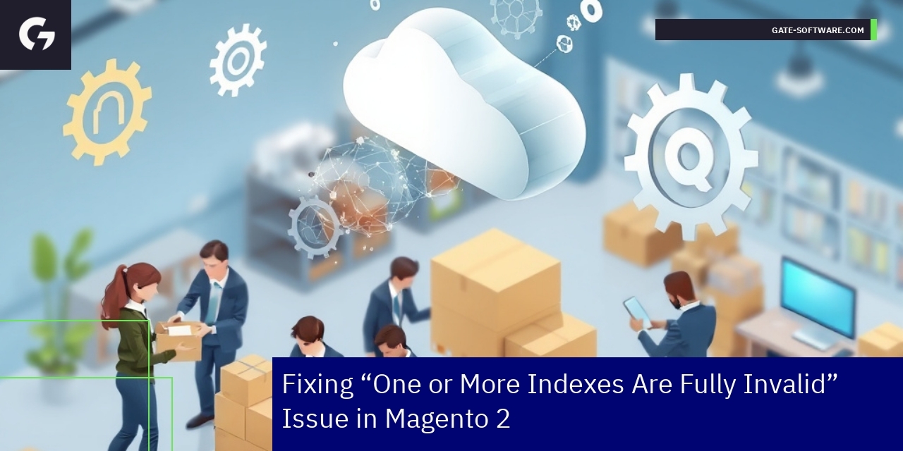Magento 2 interface showing cache and index troubleshooting