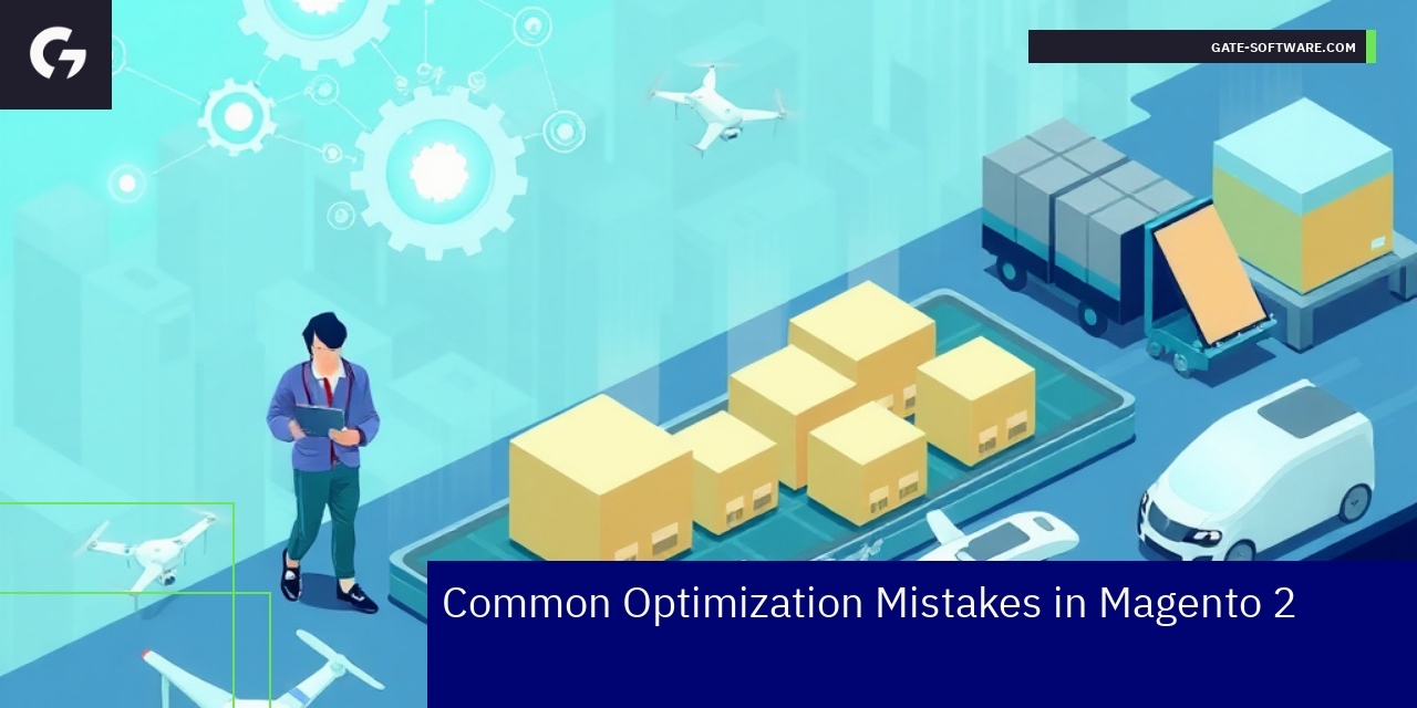 Magento 2 Optimization Mistakes and Solutions Magento 2 store with performance optimization icons