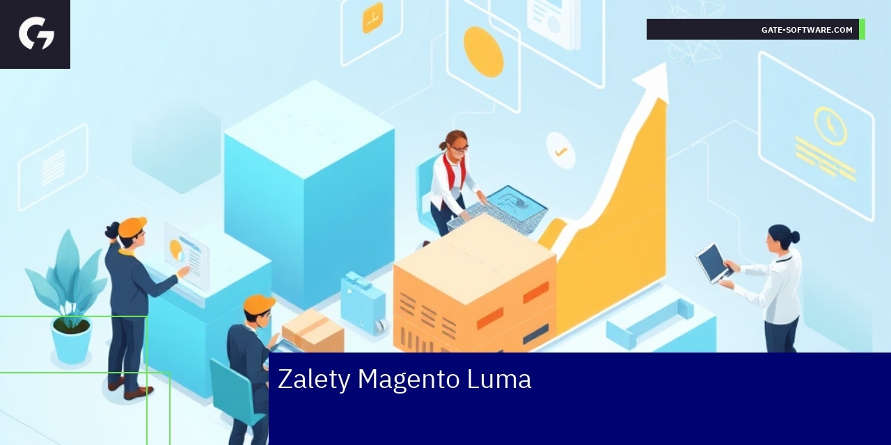 Elementy graficzne przedstawiające zalety Magento Luma