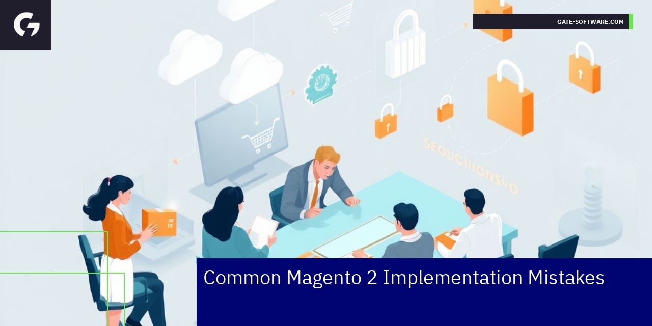Graphic showing Magento 2 mistakes and solutions