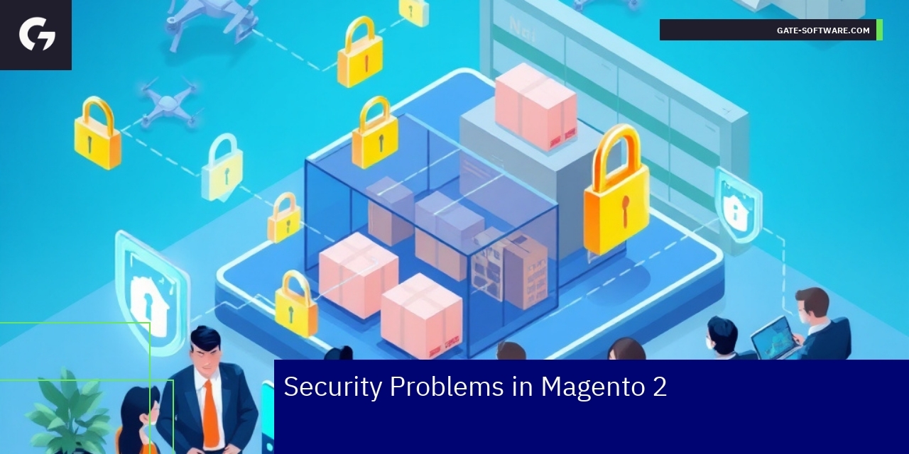 Key Security Challenges and Solutions in Magento 2 Magento 2 security icons and protective shield graphics