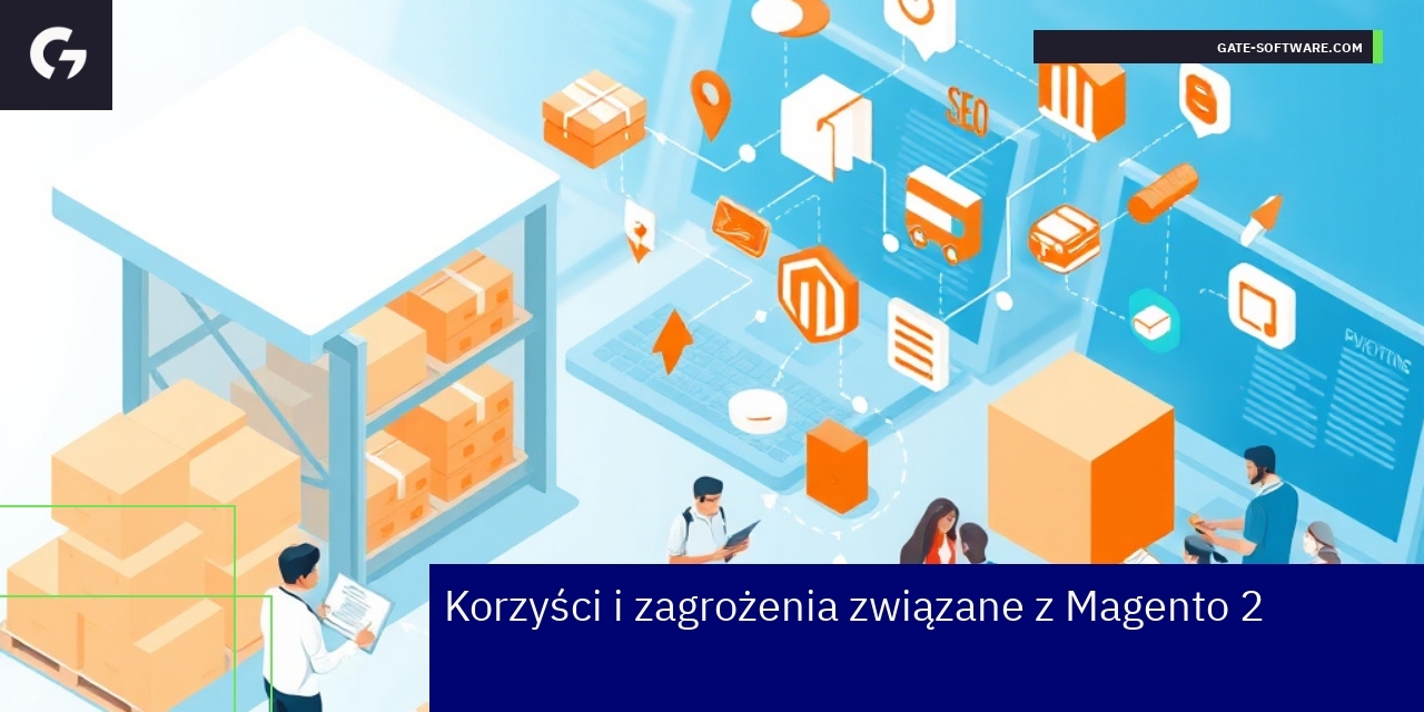 Diagram pokazujący korzyści i zagrożenia Magento 2