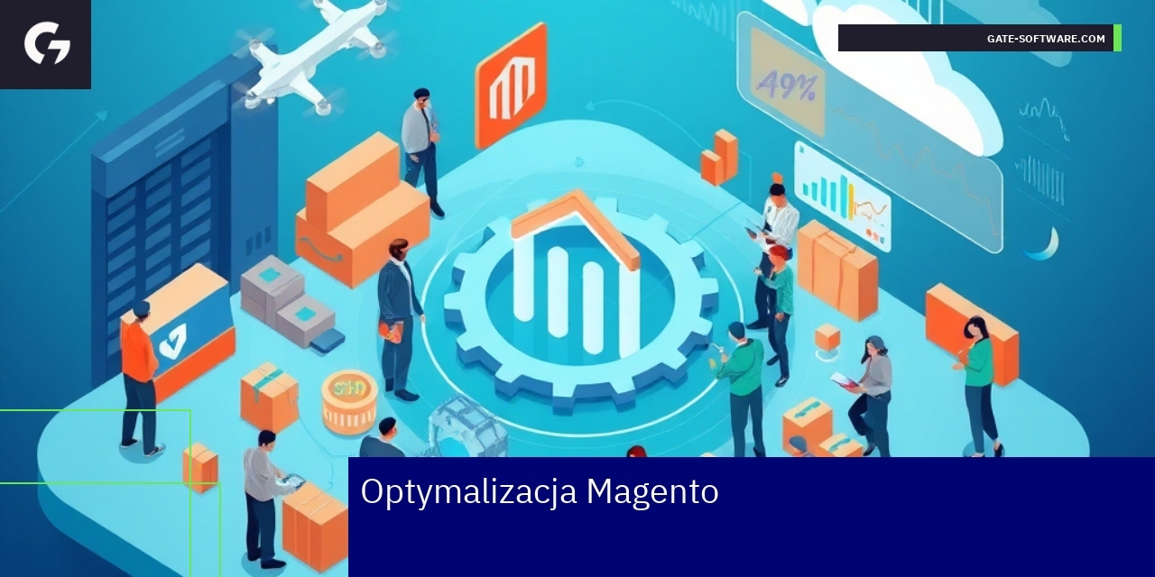 Laptop z wykresami i ikonami Magento