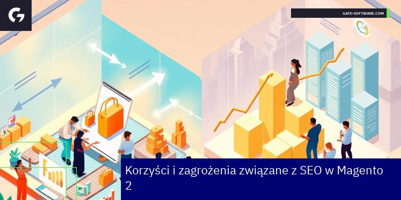 Wykresy i ikony SEO obok logo Magento 2