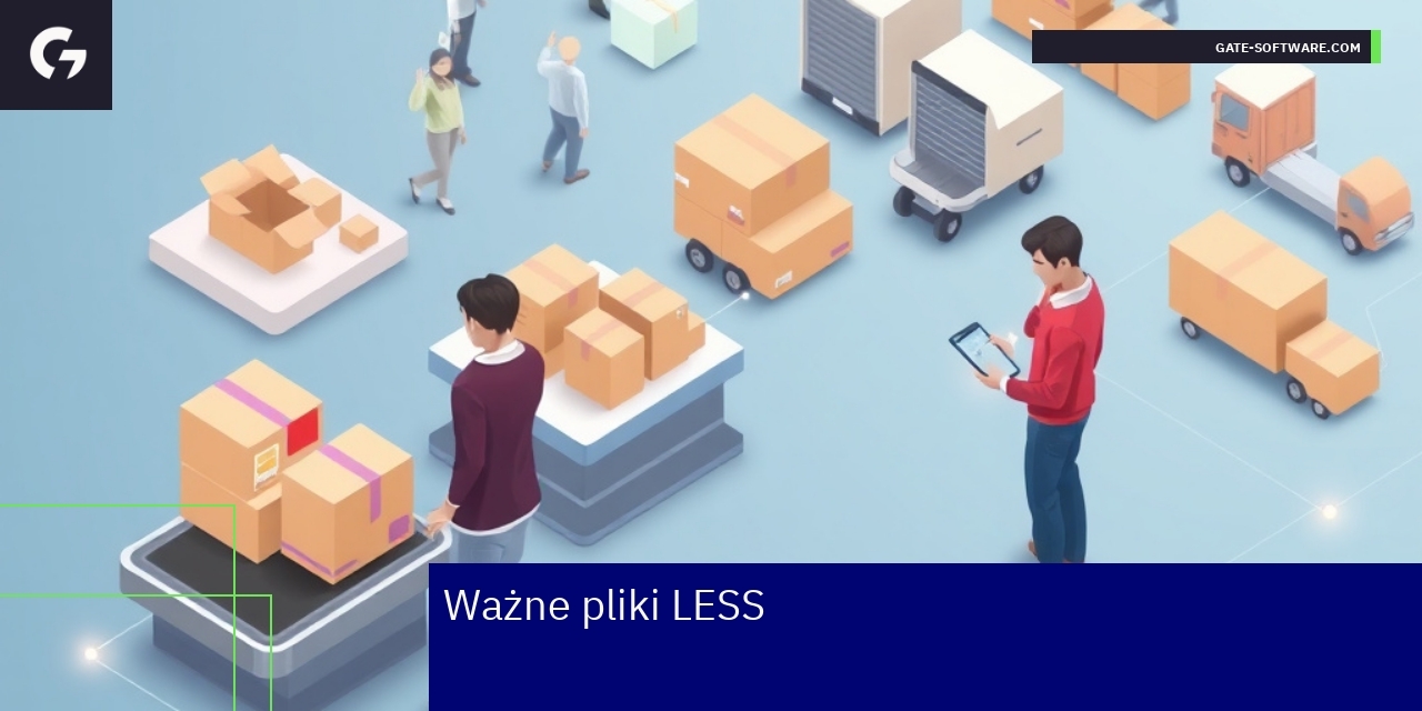 Zarządzanie i zalety plików LESS w Hyva Kod LESS i ikony przedstawiające modularność i responsywność
