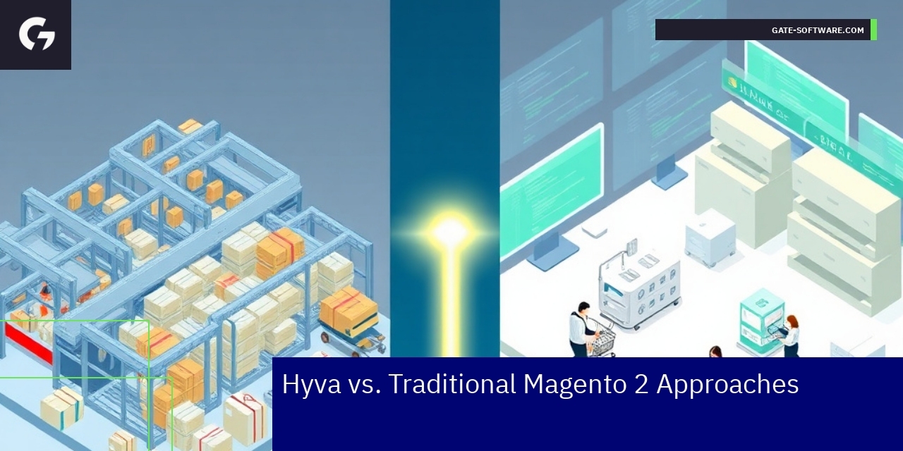 Hyva vs Traditional Magento 2 Approaches Overview Comparison infographic of Hyva and traditional Magento 2
