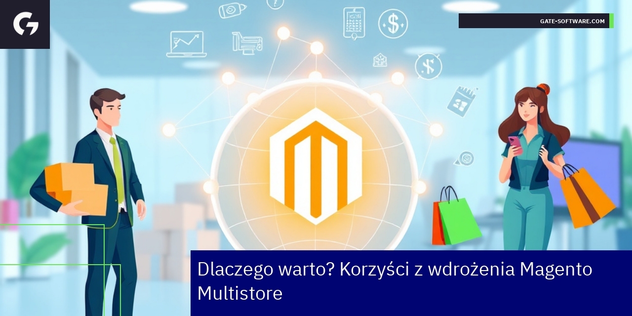 Grafika pokazująca zalety Magento Multistore w e-commerce