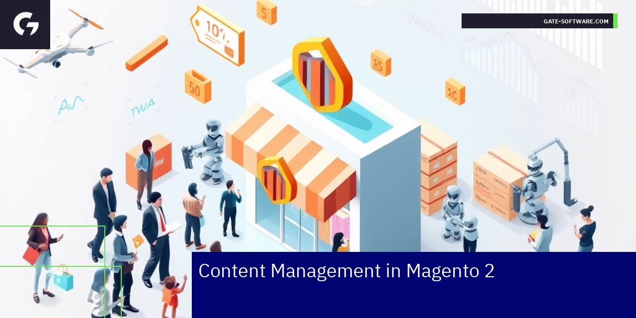 Magento 2 Content Management Overview Dashboard showing Magento 2 promotions and reporting tools