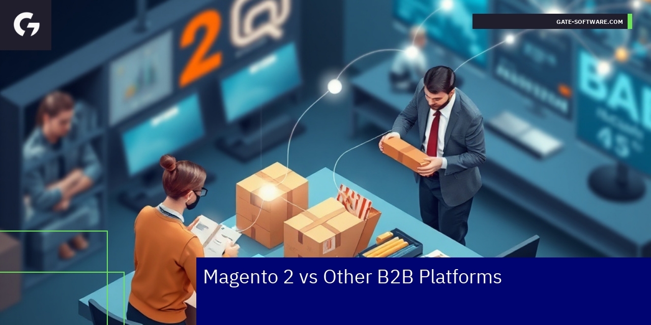 Comparing Magento 2 with Other B2B Platforms Graphic showing Magento 2 advantages in B2B e-commerce