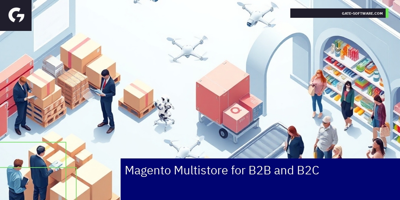 Diagram describing Magento multistore B2B and B2C features