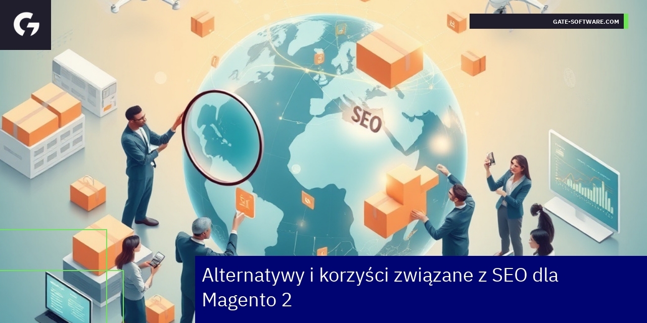 Alternatywy i SEO dla Magento 2 w e-commerce Logotypy Magento, WooCommerce, Shopify i PrestaShop