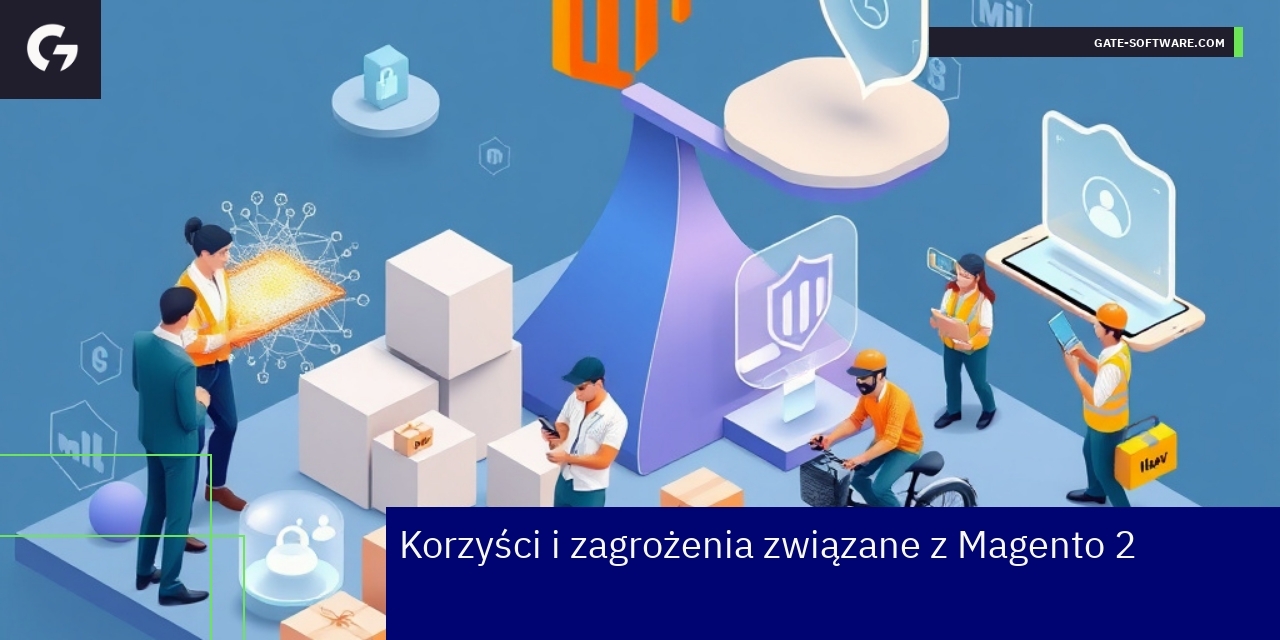 Korzyści i zagrożenia Magento 2 w e-commerce schemat korzyści i zagrożeń Magento 2