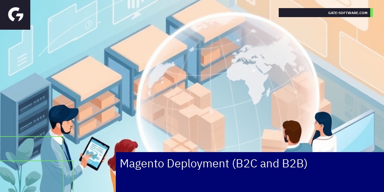 Magento B2B Deployment and Optimization Overview Magento interface with B2B commerce and optimization icons