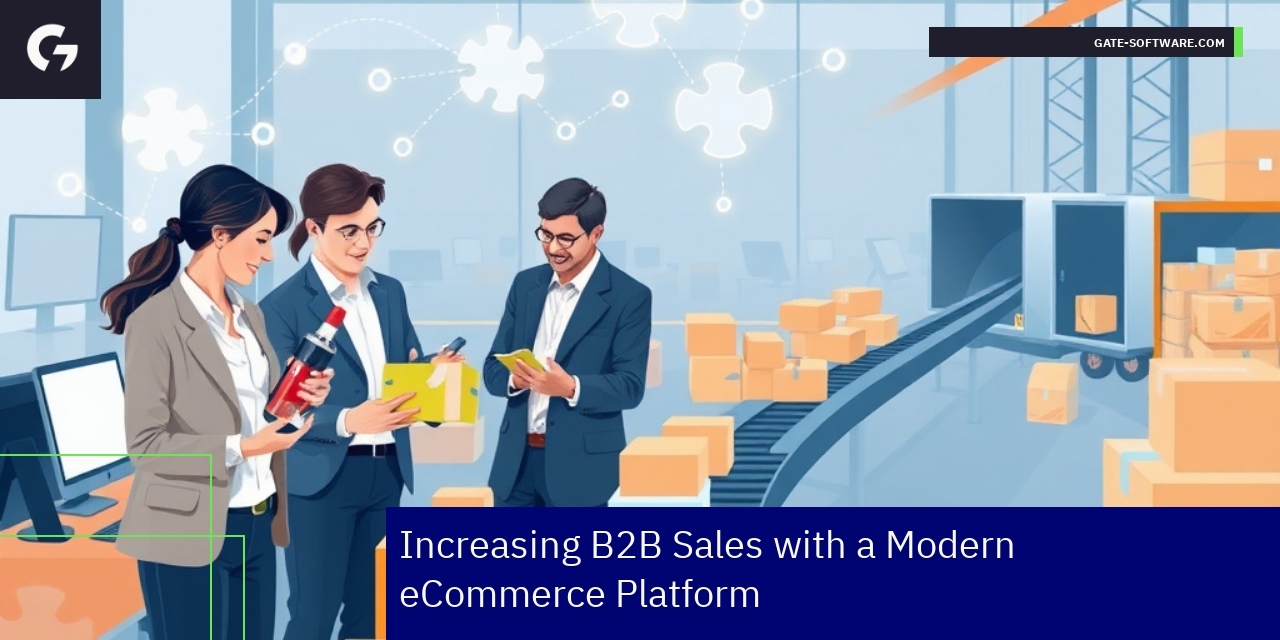 Increasing B2B Sales with Magento 2 Platform Magento platform icons and B2B sales strategy illustration