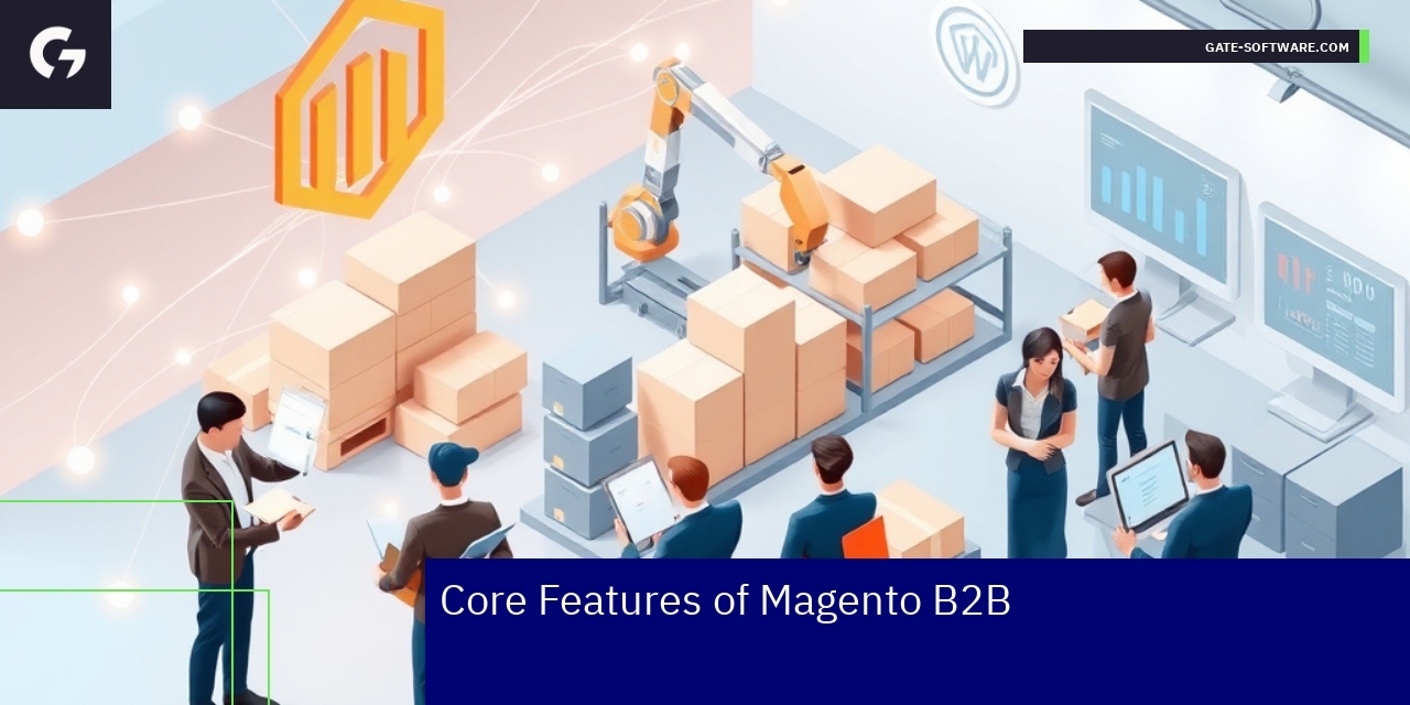 Key Magento B2B Features and Integrations Magento B2B icons and integration flow charts