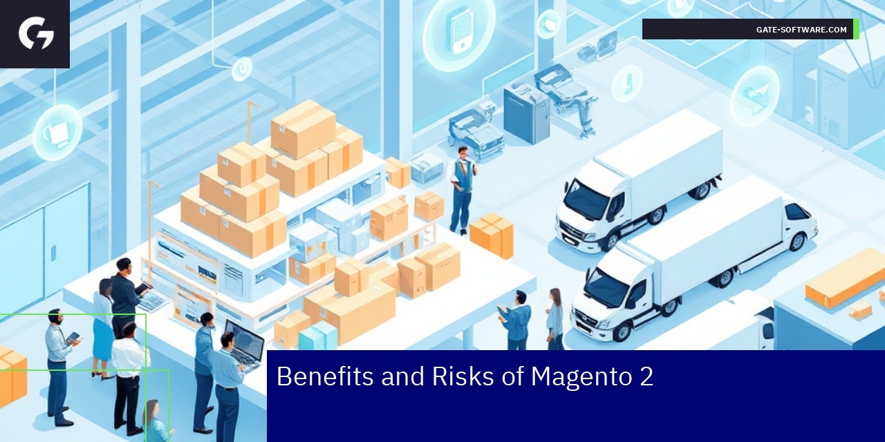 Diagram showing Magento 2 benefits and risks overview