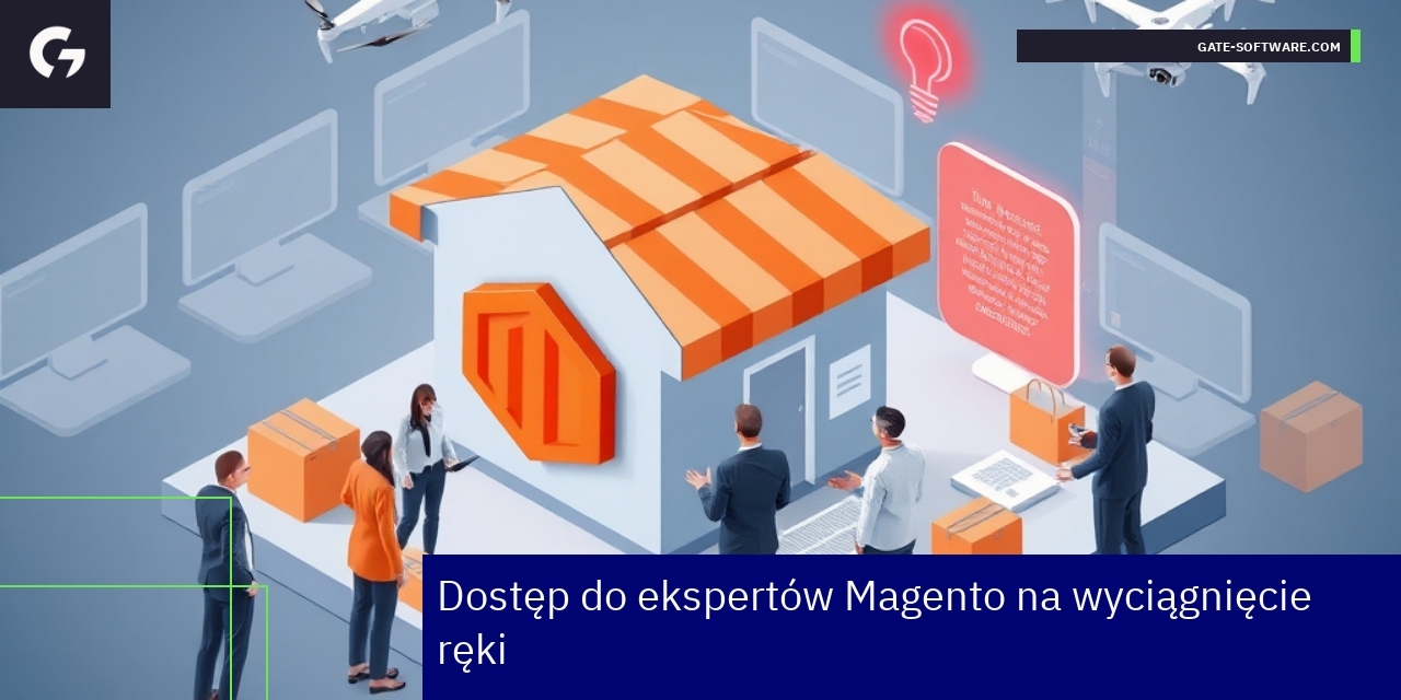 Wsparcie ekspertów Magento dla e-commerce Specjaliści Magento przy komputerze pracujący nad sklepem