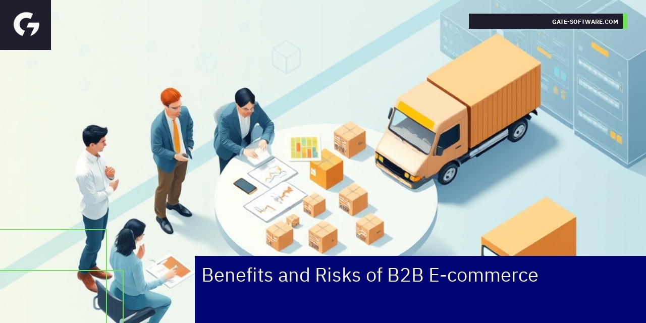 Businesspeople discussing B2B e-commerce strategy and data charts