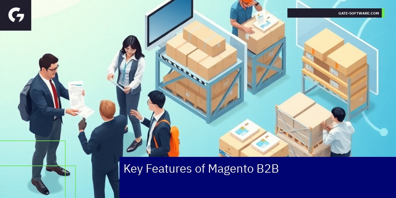 Key Features of Magento B2B Platform Illustration of Magento B2B features and processes