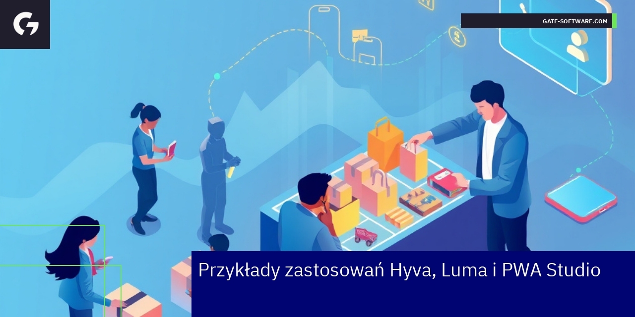 Logotypy Hyva, Luma i PWA Studio na tle sklepu internetowego