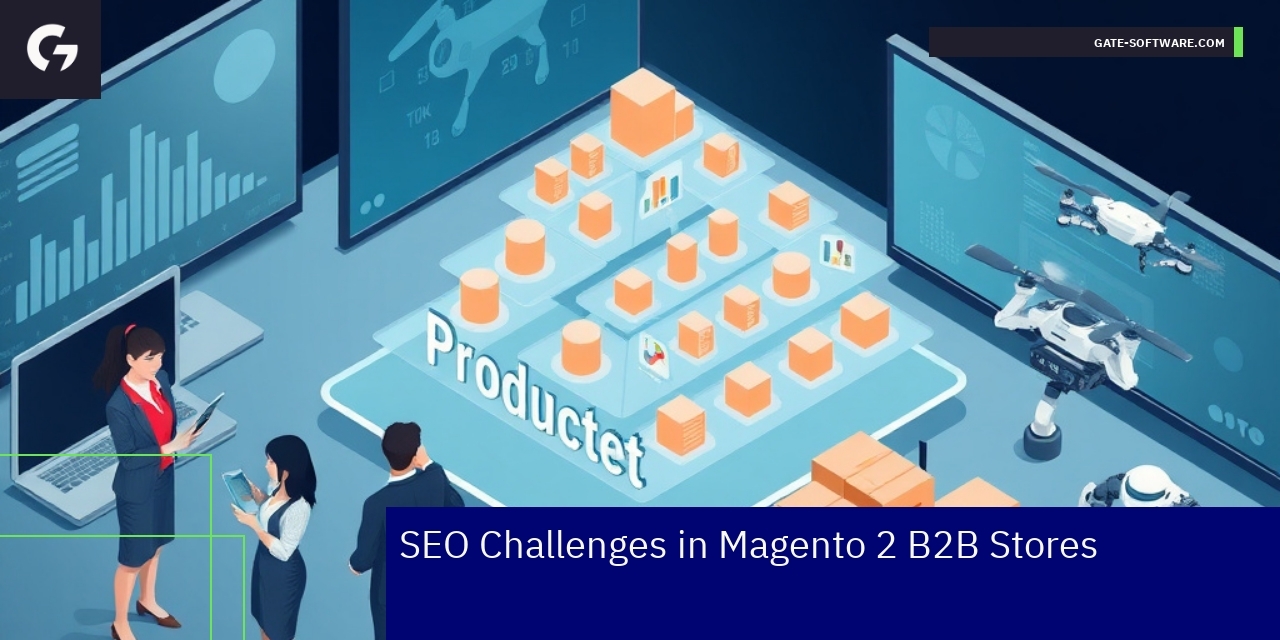 SEO Challenges in Magento 2 B2B Stores Magento 2 platform SEO, B2B optimization concepts