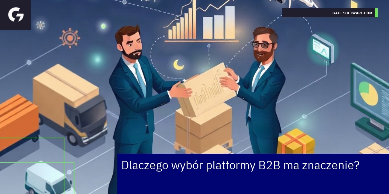 Ilustracja platformy B2B z symbolami biznesu i technologii