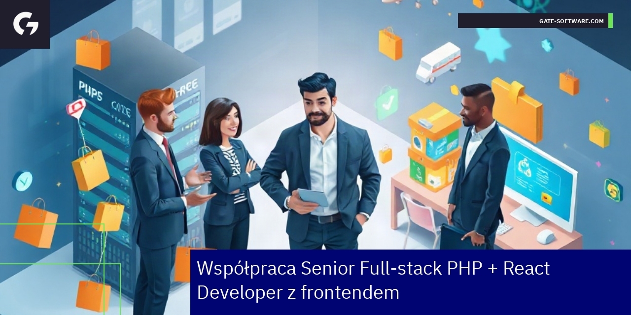 Współpraca Senior Full-stack PHP i React w e-commerce Deweloperzy pracujący nad projektem e-commerce na komputerach