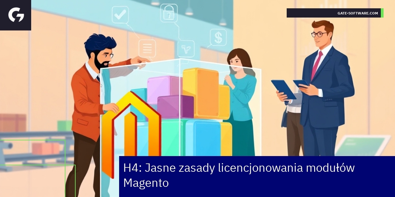 Symbol licencji i moduły Magento na tle platformy