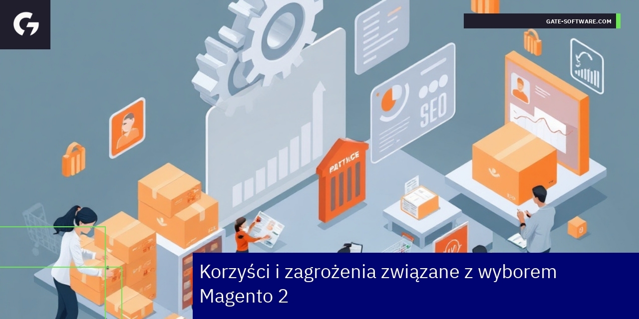 Schemat przedstawiający zalety i zagrożenia Magento 2