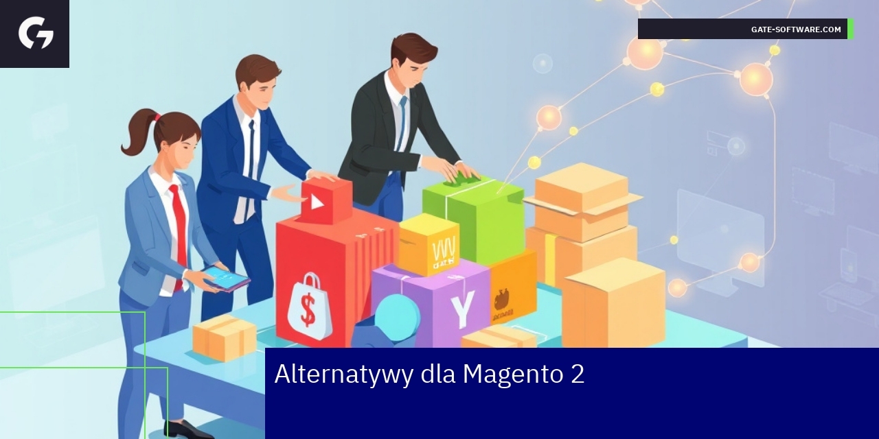 Alternatywne platformy e-commerce dla Magento 2 Logo Shopify, WooCommerce i Hyva na tle e-commerce