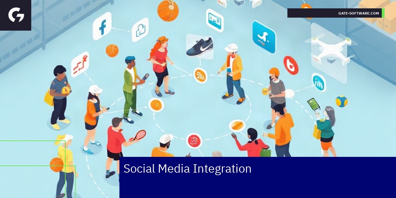Icons of social media, analytics, and sports equipment