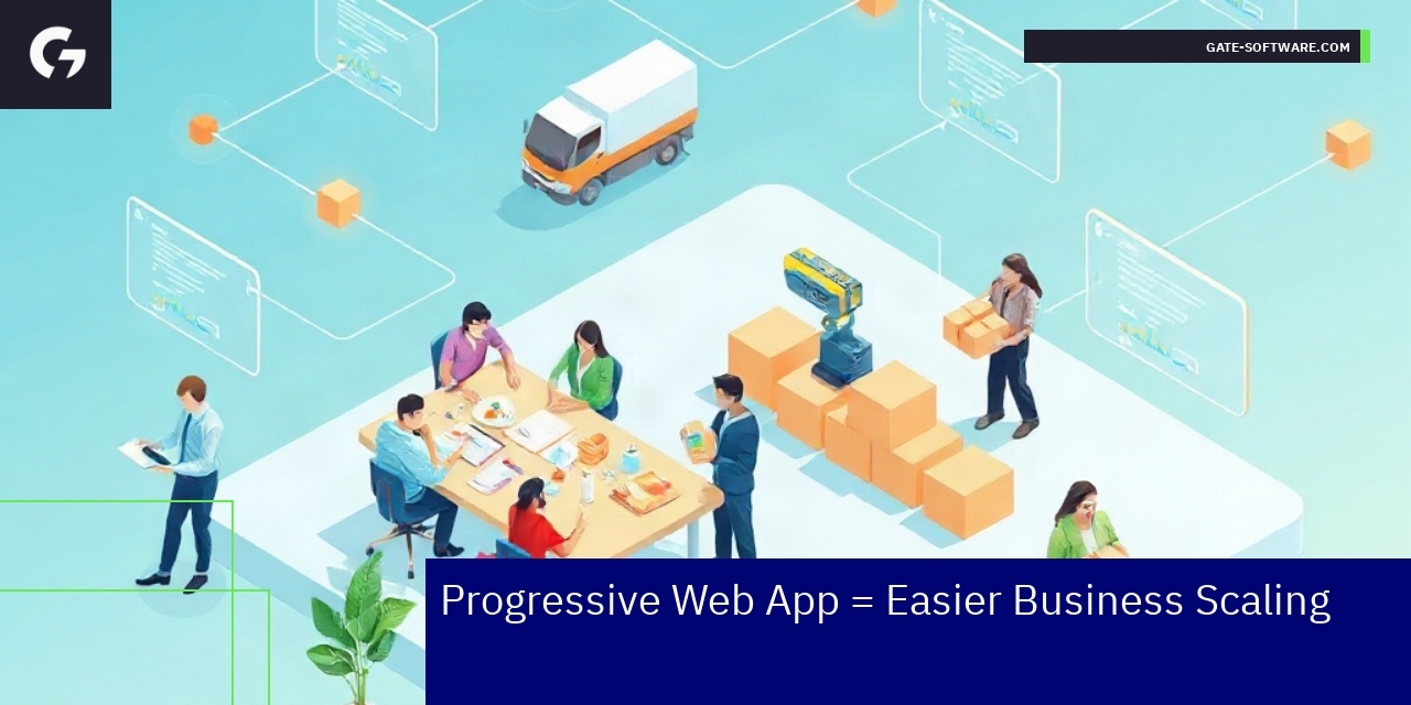 Illustration showing PWA enabling business scalability and features